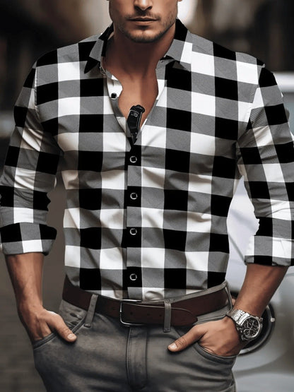 New men's spring-autumn check buttoned shirt - luxurious long-sleeved check shirt, large-sized lapel casual business blouse
