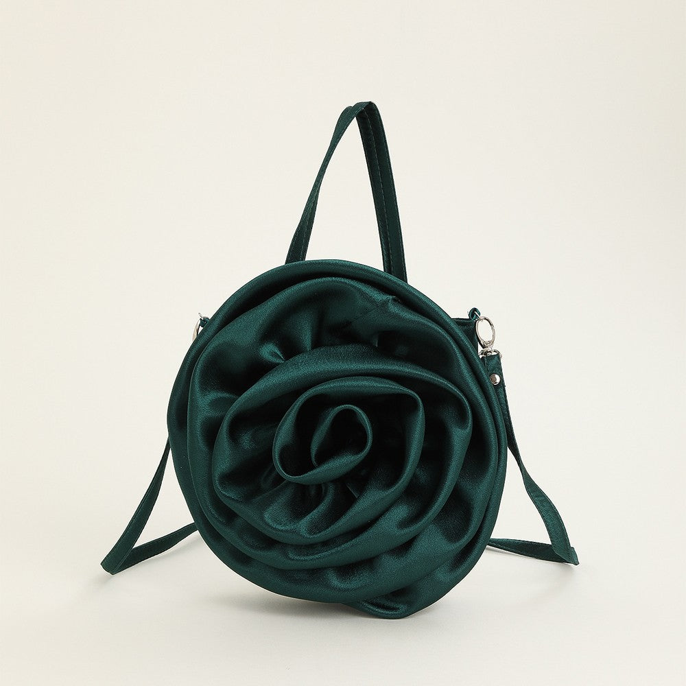 Luxury Rose Handbags Design Silk Pleated Flower Shoulder Bag Women Red Satin Round Evening Purse Wedding Party Clutches Female