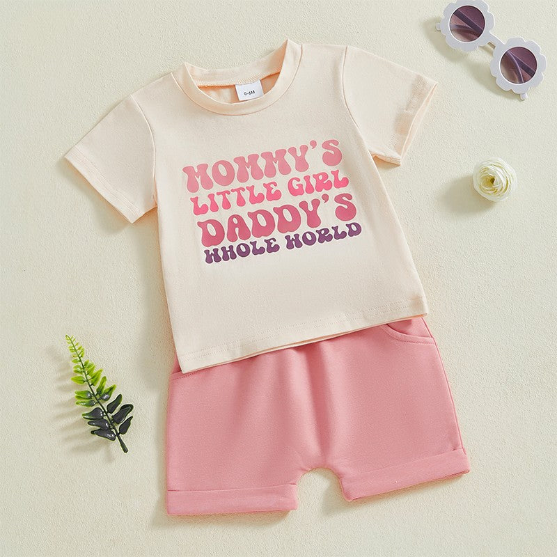 Adorable Infant Girl Casual Wear Set with Cute Printed Tee and Matching Solid Color Shorts for Summer Fun