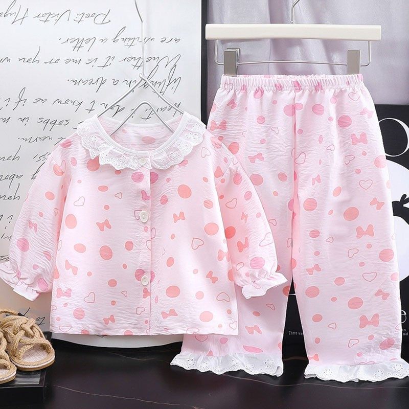 Kids Home Clothes 2Pcs Set Baby Loose Pajamas Fashion Girl Lace Floral Print Sleepwear Children Air Conditioner Long Sleeve Pant