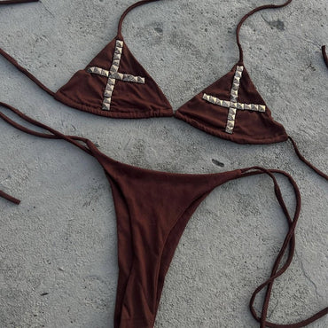 Summer beach kawaii classic comfortable bikini set Y2k subculture retro millennium girls style hanging neck suspender bikini set