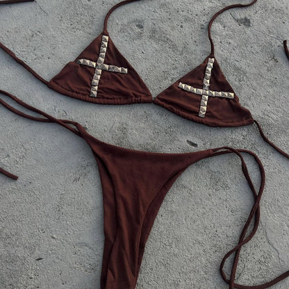 Summer beach kawaii classic comfortable bikini set Y2k subculture retro millennium girls style hanging neck suspender bikini set