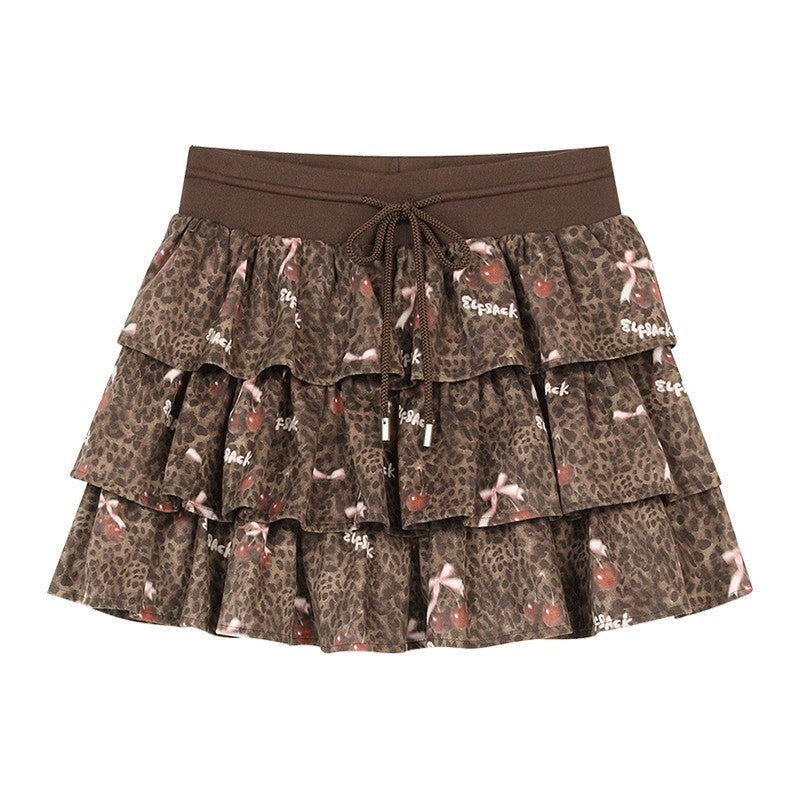 ELFSACK Y2K Sweet Leopard Bow Pleated Tiered Tie Short Skirt For Women