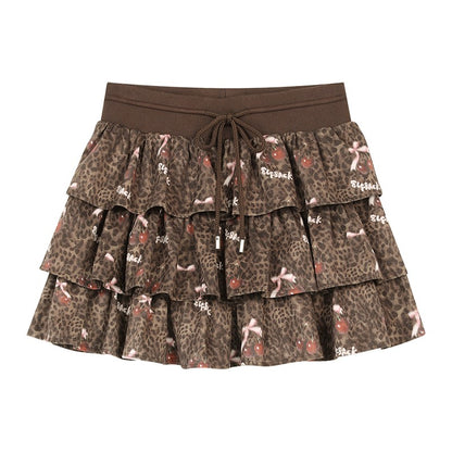 ELFSACK Y2K Sweet Leopard Bow Pleated Tiered Tie Short Skirt For Women