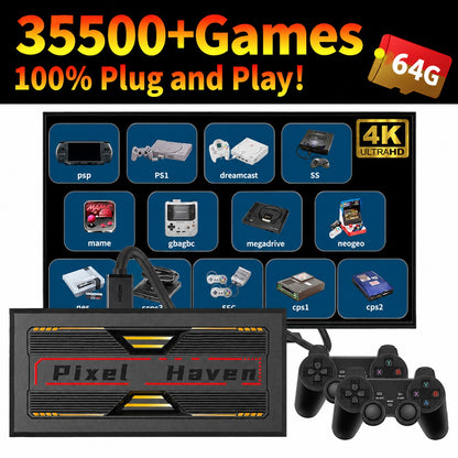 4K HD Retro Game Box Pixel Haven Video Game Console Plug&Play for TV 35500+Games for DC/PS1/PSP/SS/MAME/NES/Sega with Controller