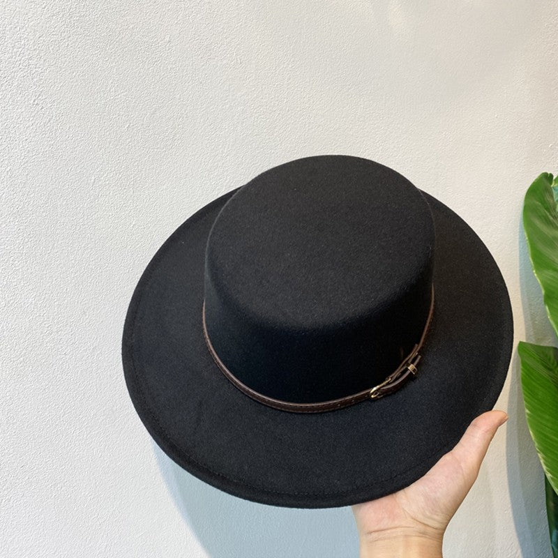 Chapéu Fedora de Lã Feminino com Fivela Decorada Aba Reta Feltro Retrô Jazz Boné Inverno Outono Quente Estilo Britânico Boater