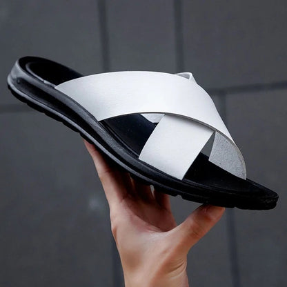 Men Shoes New  Summer Shoes Italian Leather Slippers Men High Quality Size 38-47 Beach Slip on Flats Man Flip Flops Mens Sandals