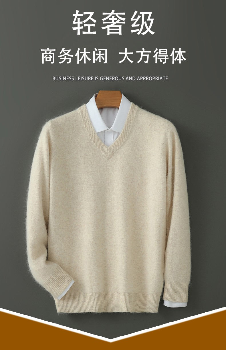 Autumn And Winter New Warm Pure Mink Cashmere Sweater Men's V-neck Pullover Thickened Plus Size Knitted Bottoming Shirt