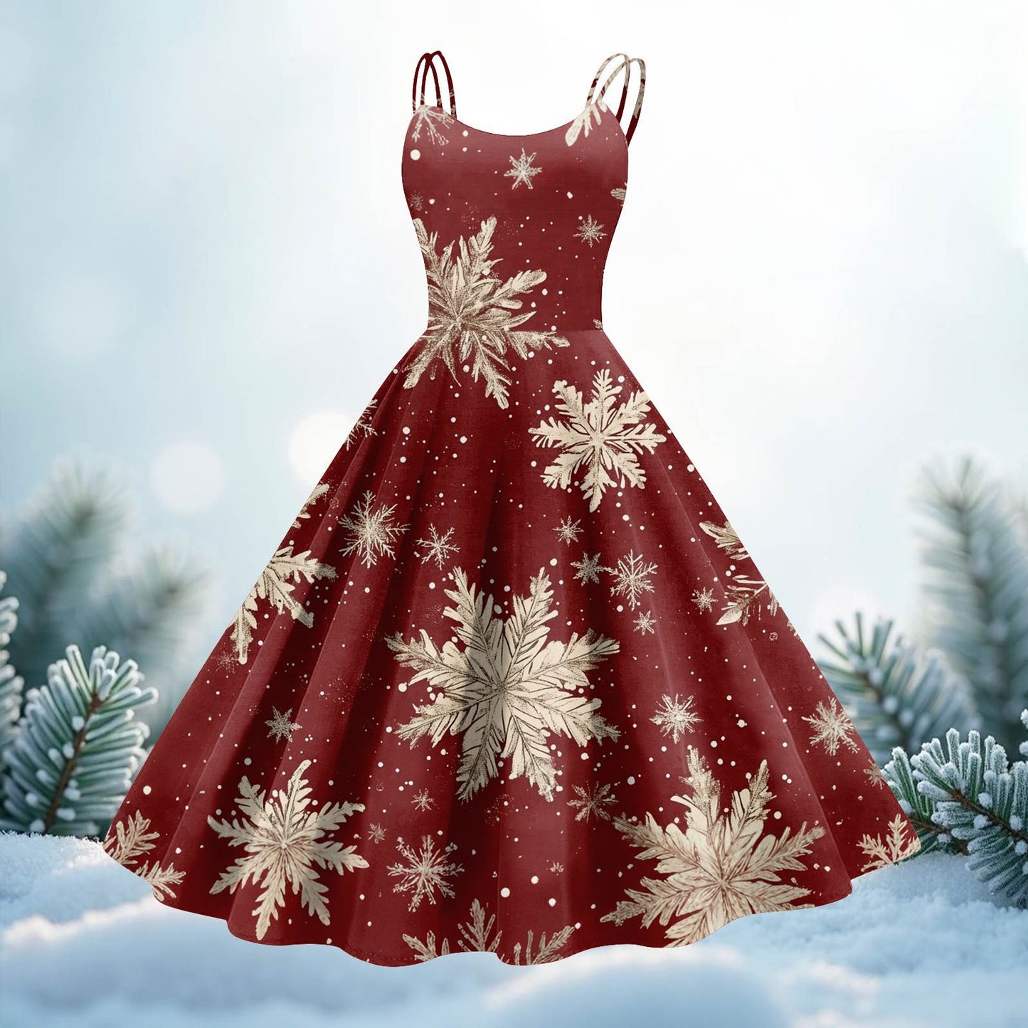 High Quality Cute Women's Casual Fashion Round Neck Christmas Print Mid-Length Dress Pretty Sweet Christmas Suspender Dress