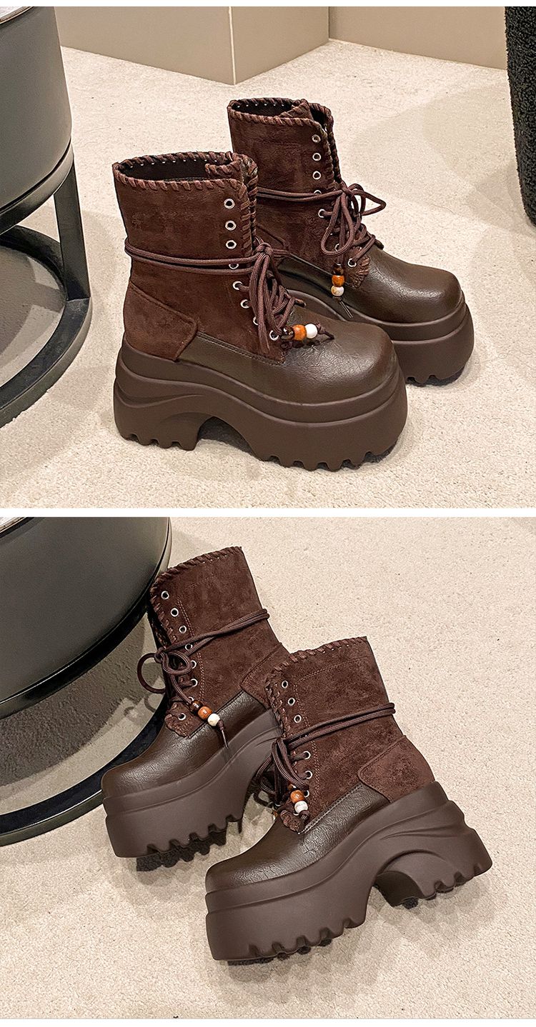 High Platform Women Motorcycle Boots 9CM Wedge Heels Walking Ankle Shoes New 2025 Autumn Winter Lace-up Modern Short Booties