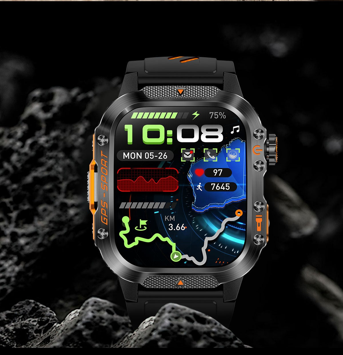 2026 Novas pulseiras inteligentes militares de GPS para ambientes externos, bússola masculina, frequência cardíaca, chamada BT, lanterna LED, Smartwatch à prova d'água 10ATM para natação