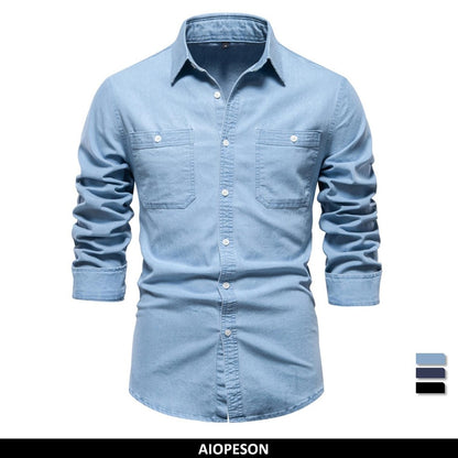 2023 New Autumn Men's Denim Shirt Cotton Elastic Casual Social Design Double Pockets Slim Jeans Shirts for Men