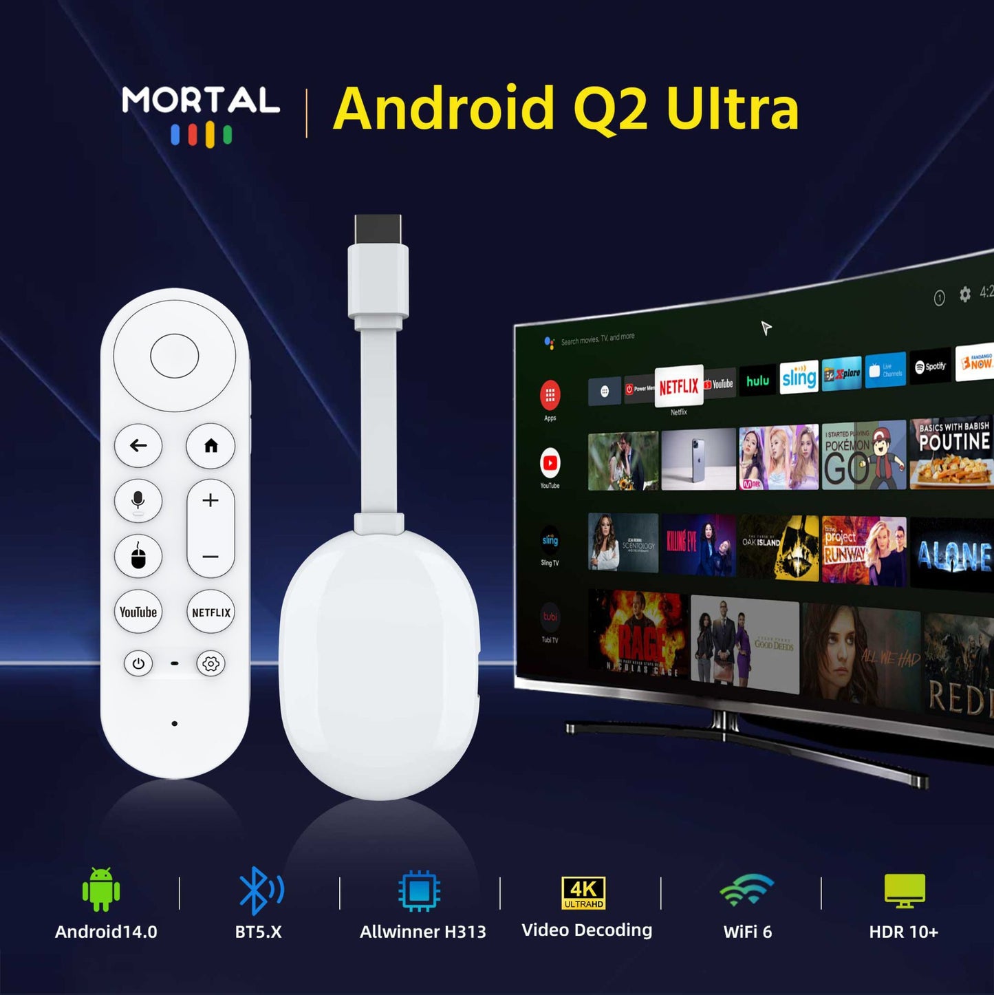 Global Mortal Android 4k Smart TV Stick Q2 Ultra 2GB RAM 16GB ROM Dual Wifi 6 Multi Language Streaming Media Player TV Dongle