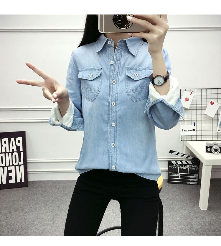 2022 Casual winter Autumn warm thick fleece denim Blouses Women Ladies Tops Women Blouses Long Sleeve Shirt clothe S-3XL