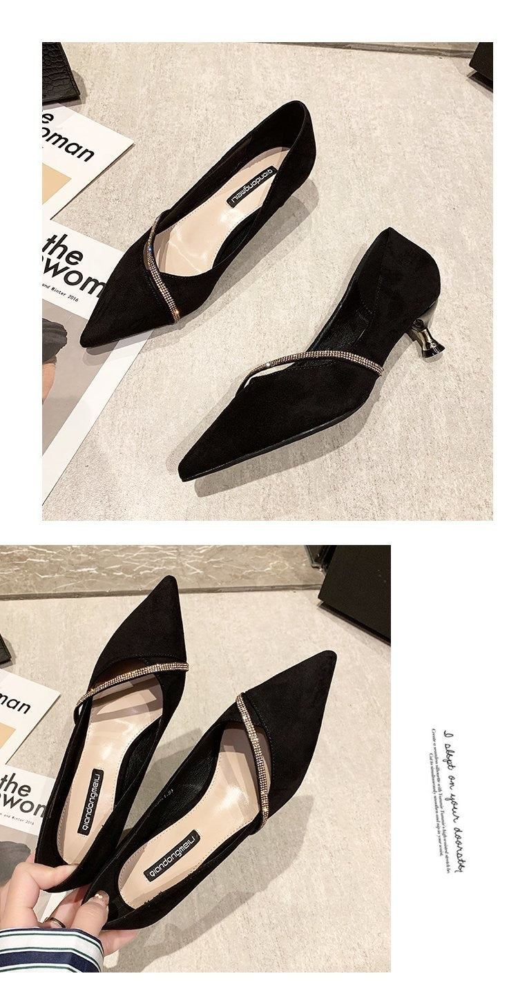 Four Seasons Women's Suede High Heels 2024 New Pointed Stiletto Fashion Sexy Black Wedding Shoes Office Lady Shoes