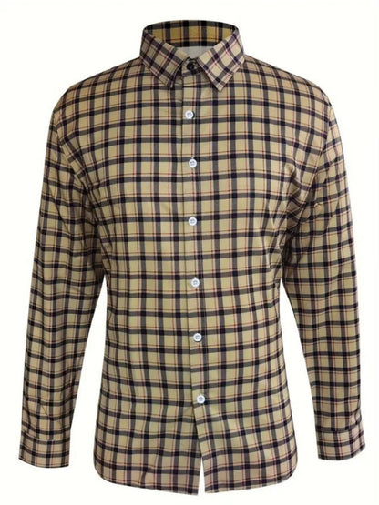 New men's spring-autumn check buttoned shirt - luxurious long-sleeved check shirt, large-sized lapel casual business blouse