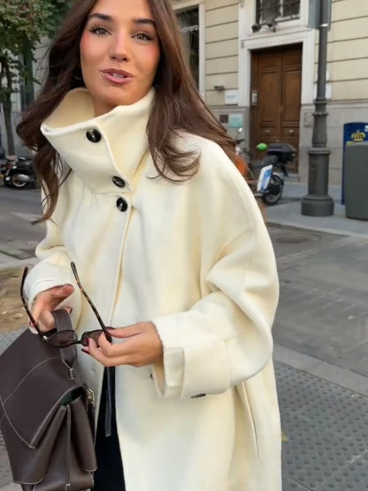 Stand Collar Single Breasted Split Long Coat Women Oversize Elegant Long Sleeve 2025 Autumn Female Outerwear Office Overcoat
