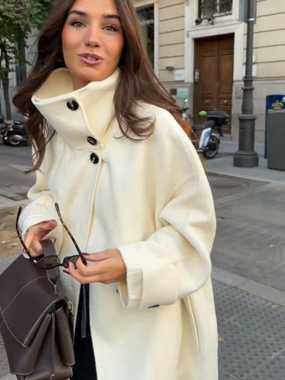 Stand Collar Single Breasted Split Long Coat Women Oversize Elegant Long Sleeve 2025 Autumn Female Outerwear Office Overcoat