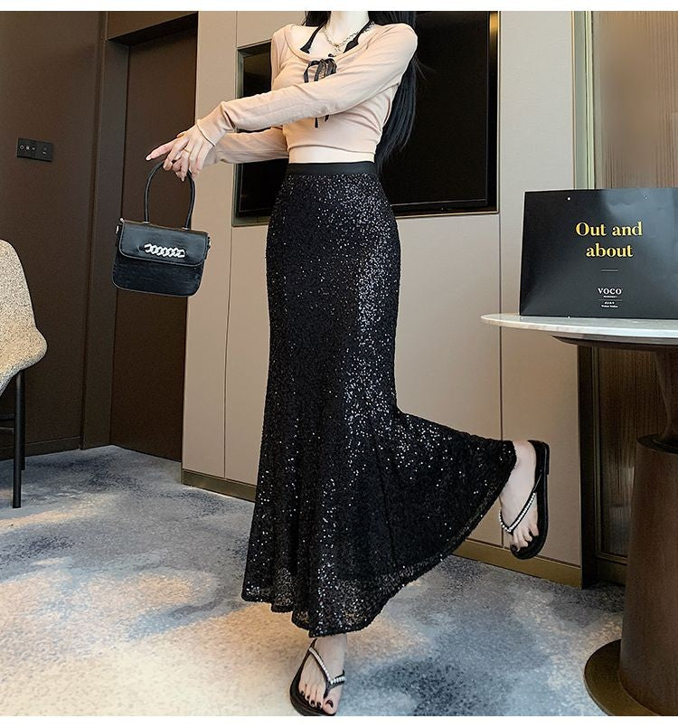 Elegant Sequined Long Black Skirts Women High Waist Party Club Faldas Largas Korean Fashion Y2k Clothes A Line Mid Length Skirt