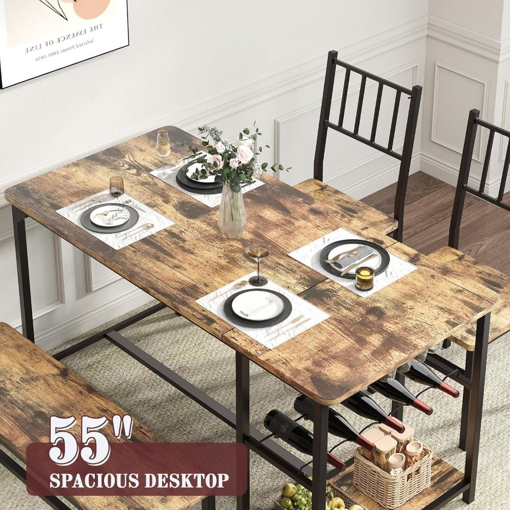 Dining Table Set for 4 with Chairs and Bench, 55" Kitchen Table Chairs Set of 4 with Wine Rack, Wine Glasses Holder, Small Dini