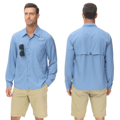 Summer Men's UPF 50+ Casual Long Sleeve Fishing Shirts, Lightweight Tactical Button Down Shirt with Breathable Back Mesh