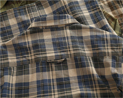 2024 Spring and Autumn New American Retro Woven Plaid Cargo Shirt Men's Simple 100% Cotton Washed Single Pocket Thin Jacket