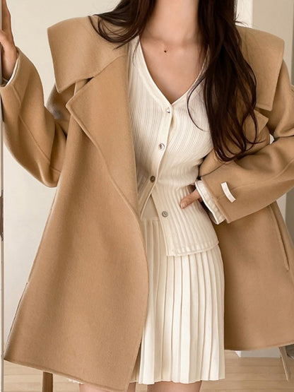 Winter Woolen Coat Women Chic Navy Collar Belted Waist Cinched Midi Length Tweed Trendy Korean Sle Commute Long Sve