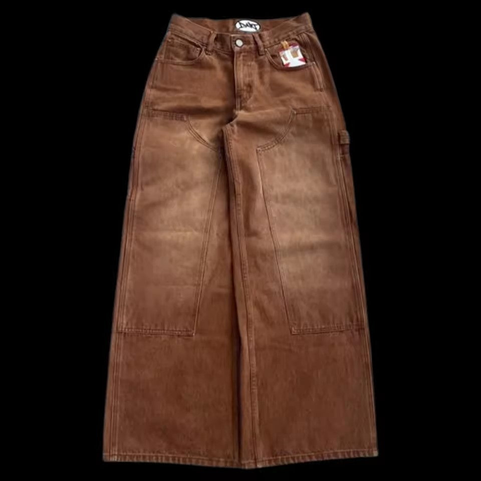 NOVOJeans Estampado Cartum Gótico Retrô Ceifador Vintage Masculino e Feminino Calça de Cintura Baixa Perna Larga Hip Hop Roupa