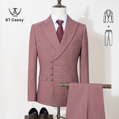 ST Cassy Elegant man suit for wedding Slim Fit Double Breasted Multiple buttons Casual Business man 2 piece outfit set