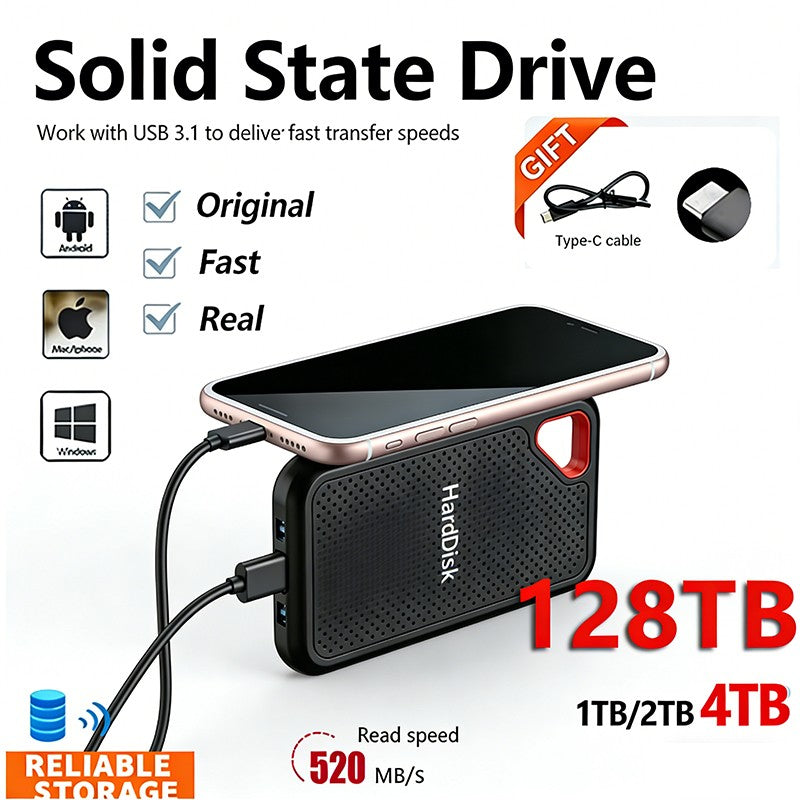 HD Externo de Alta Velocidade 128TB/64TB Disco Rígido de Alta Qualidade 2TB SSD Portátil 4TB USB3.1 Unidade de Estado Sólido para Mac/PC/Laptop/Celular