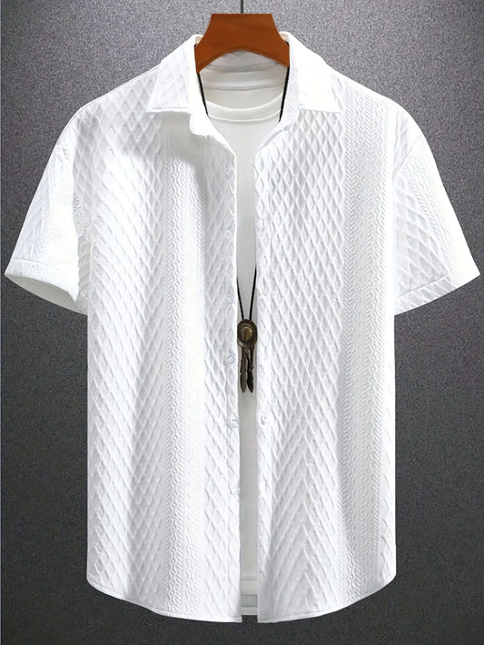 Summer casual short-sleeved men's shirt Casual Street wear jacquard lapel button down solid color men's vintage shirt S-2XL