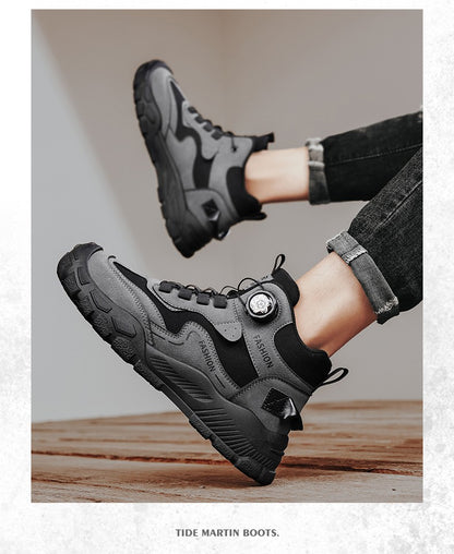 High-Top Men's Shoes for Winter, Thick-Soled Sports Shoes, British Style Retro Work Shoes, Rotating Buckle Casual Boots