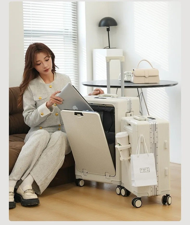 Suitcase Front Opening Pocket Aluminum Alloy Frame Rolling Luggage with USB Charging Plug Trolley Carry-on Case Bag with Wheel