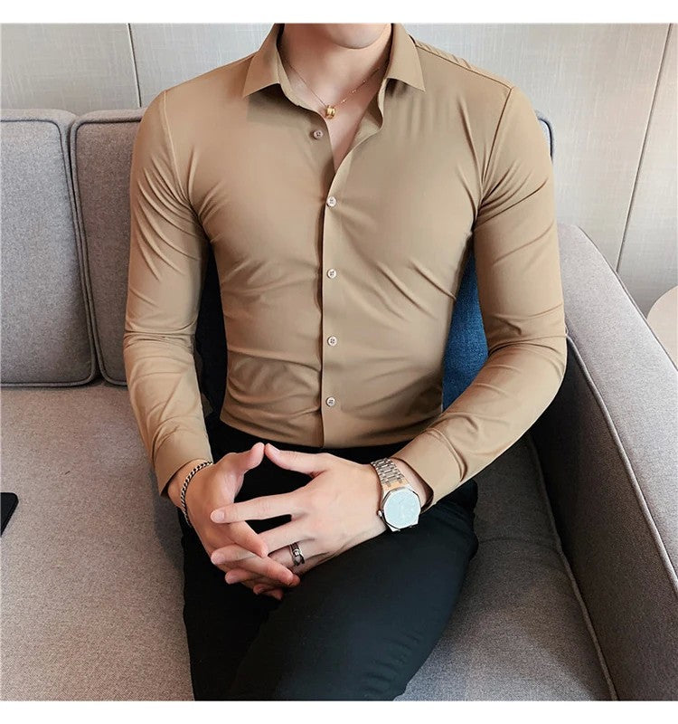 Men's Long Sleeved Elastic Shirt No Ironing Business Wear Professional Workwear Stand Up Collar Shirt Casual Solid Color Shirt
