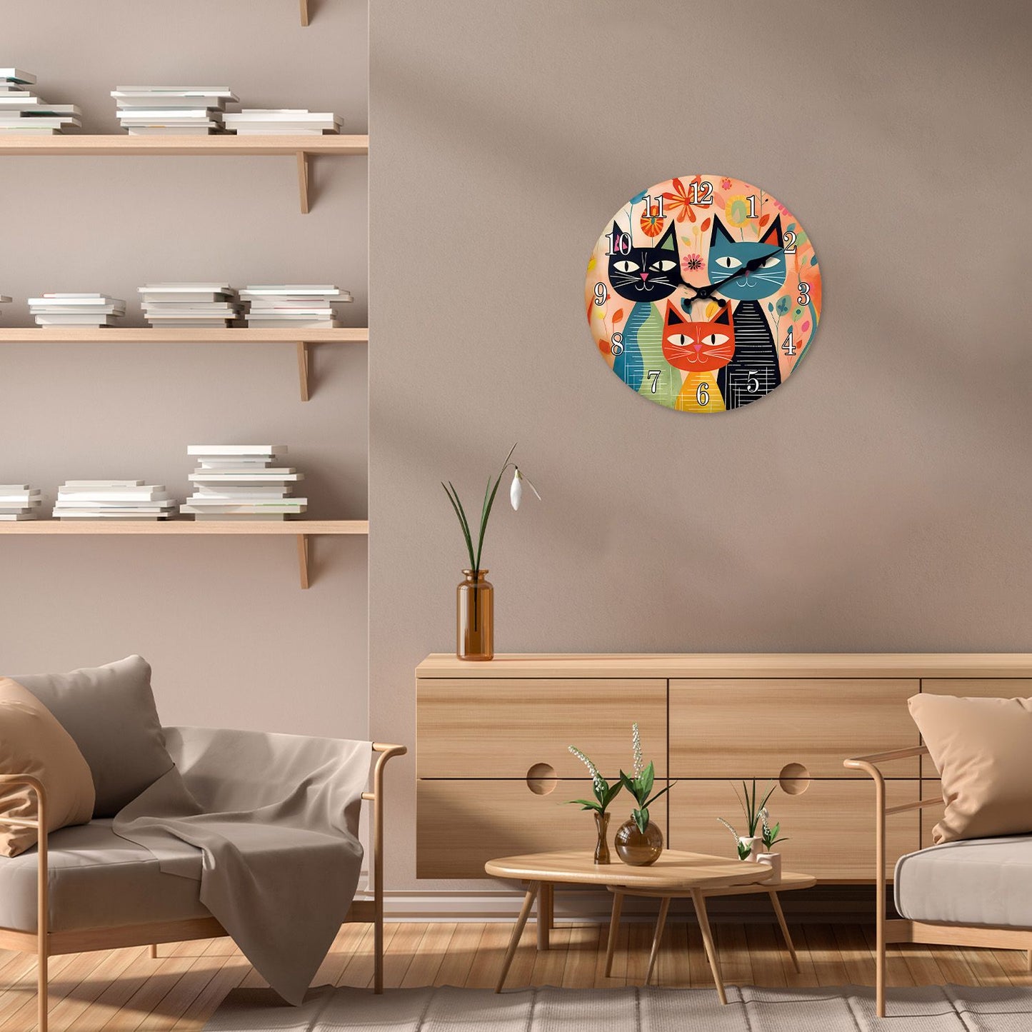 Retro Art Cute Cat Family Wooden Wall Clock Living Room Bedroom Kitchen Home Decoration Wall Clock Silent Quartz Clock Holiday Gift 10 Inch 12 Inch 14 Inch 16inch (No Battery)