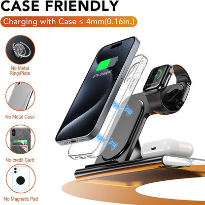 Carregador Sem Fio Dobrável 3 Em 1 De 300W Suporte Pad Estação De Carregamento Rápido De Mesa Para iPhone 16 15 14 13 Samsung Apple Watch Airpods