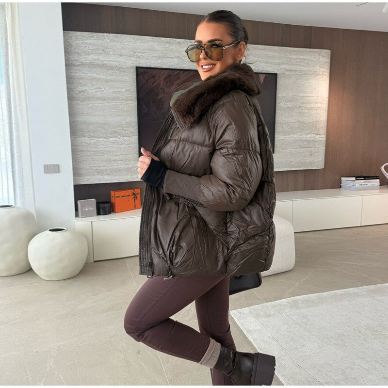 Vintage Women's Fur Coat Elegant Furs Collar Puffer Thicken Full Sleeve Jacket With Furs Female 2025 Autumn Winter Woman Coats