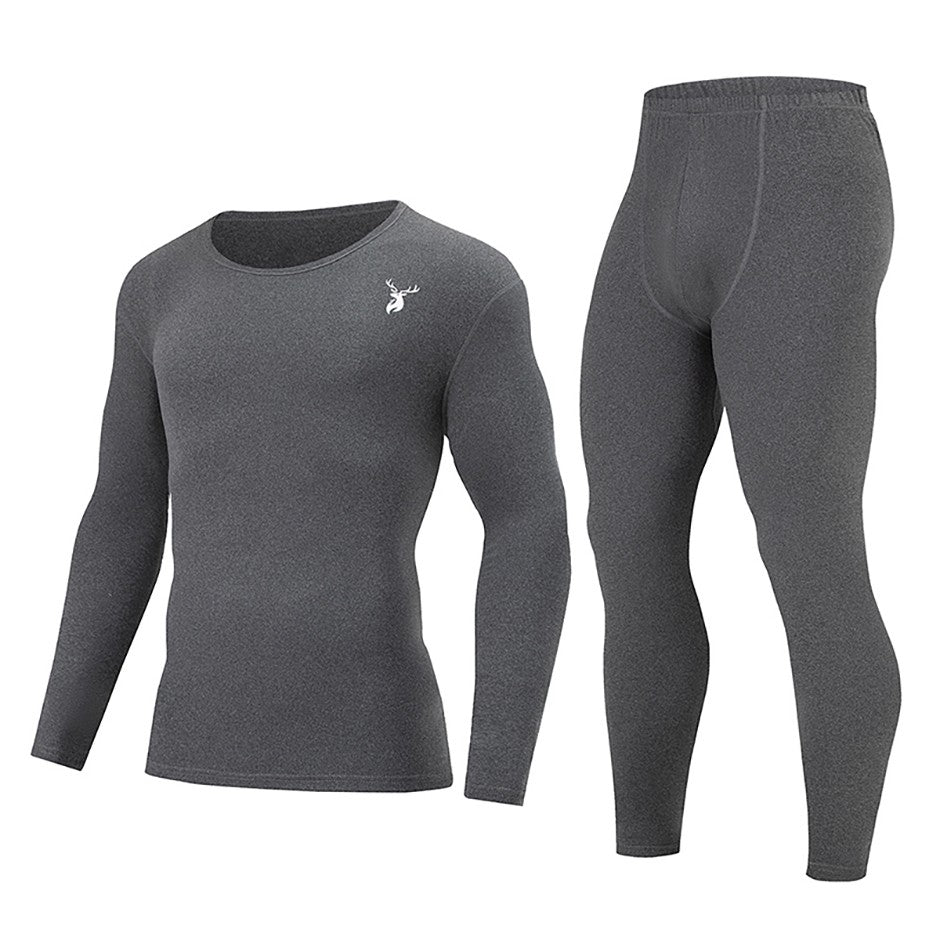 2-piece Autumn And Winter Men's Fashion Lucky Deer Pattern Solid Color Basic Warm Underwear Set Comfortable Long Sleeve Pants