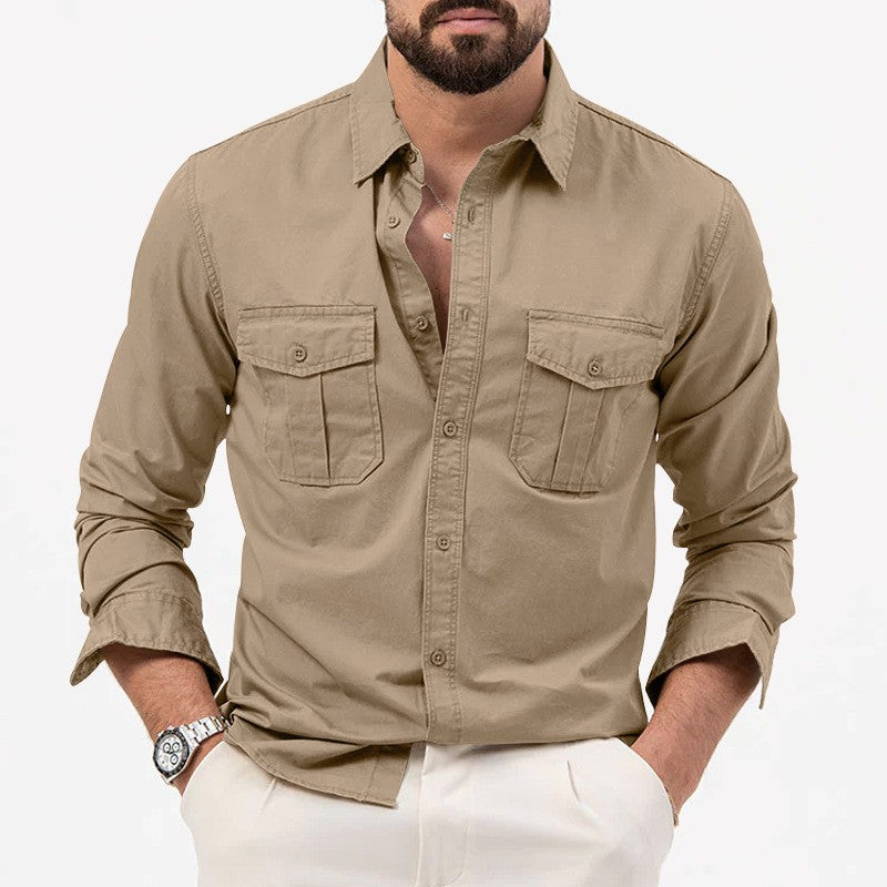 Safari Cotton Shirts Mens Outdoor Work Travel Button Down Tops Casual Long Sleeve Hiking Camping Utility Shirt With Flap Pocket