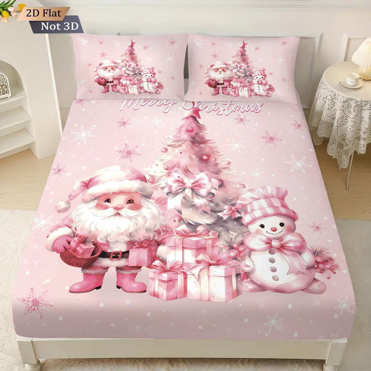 3pcs pink Christmas snowman print coreless bed sheet set multiple sizes bed covers bedroom bedding decorations machine washable