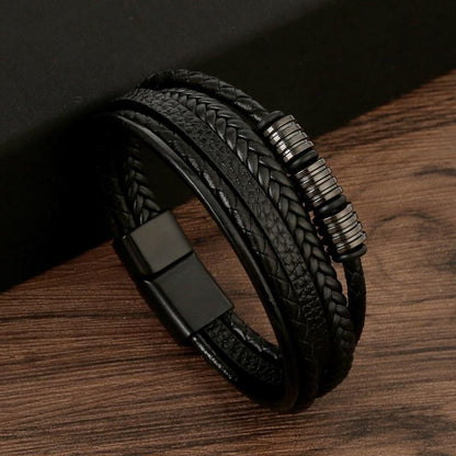 Pulseira de Couro Masculina Punk com Fecho Magnético de Aço Inoxidável Trançado em Camadas Envoltório de Couro Pulseiras Presente Joias Masculinas