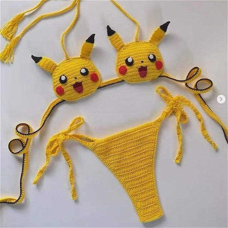 Kwaii Pikachu Girls Sexy Swimsuit Handmade Crochet Cute Bikinis Set 2pcs Womens Swimming Suit String Bikini Thongs Bathing Suit