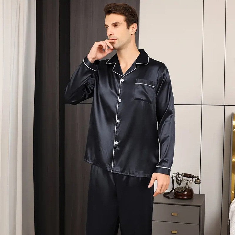 2PCS/Set Plus Size Solid Long-Sleeved Pyjamas Men Spring and Autumn Silk Sleepwear Homewear Cardigan Lapel Trousers Nightwear