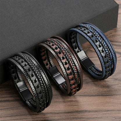 Moda Trançada Corda Tecida Camadas Couro Masculino Pulseiras Punk Metal Magnético Bracelete para Amigo Charme Joias Presentes