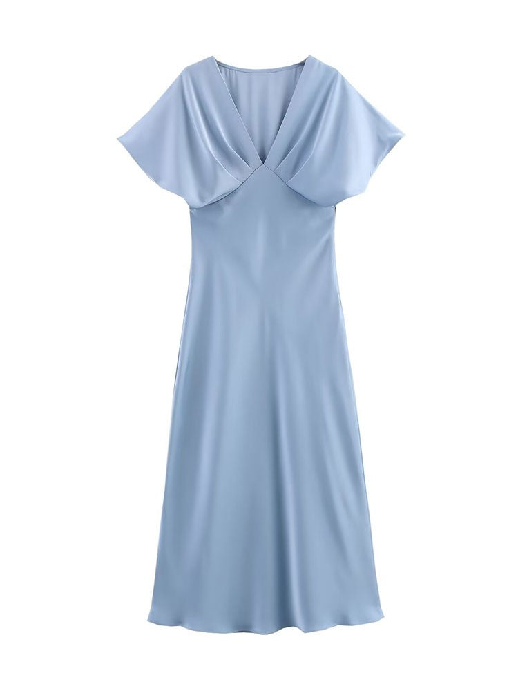 TRAFZA Women Elegant Solid Satin Dress Sexy V Neck Short Sleeve Midi Dress 2025