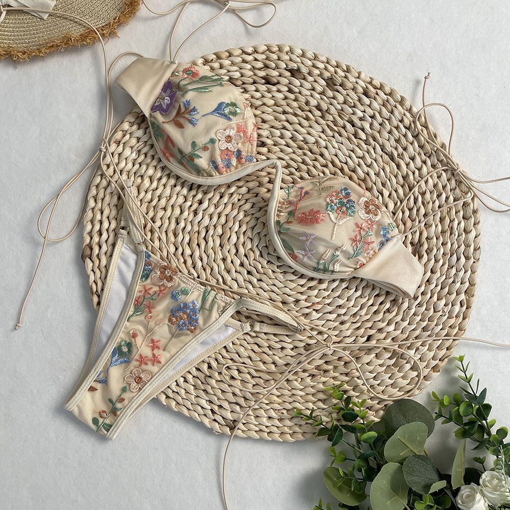 DEBAIOR 2025 Women Bikini Set Floral Embroidery Lingerie Set Women Sheer 2-Piece Boho Bra + Panty Underwear Set Intimates