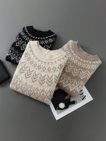 Men's 100% Merino Wool Pullover Sweater O-neck Fair Isle Jacquard Loose Casual Knitwear Long Sleeve Cashmere Tops Autumn Winter