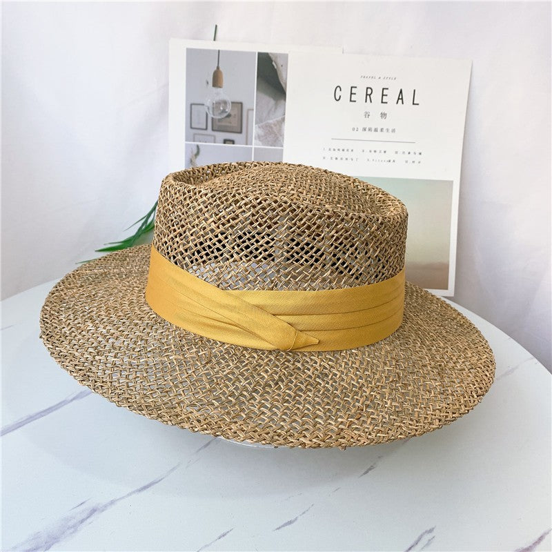 Chapéu de Palha Feminino de Verão Chapéu de Sol Luxuoso Feminino Chapéu de Praia de Proteção Solar da Moda Chapéu Panamá Francês Chapéu Raff de Aba Larga com Topo Abaulado