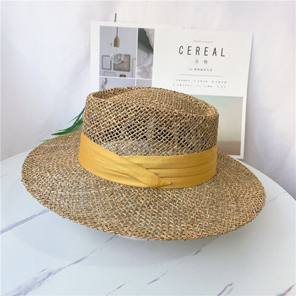 Chapéu de Palha Feminino de Verão Chapéu de Sol Luxuoso Feminino Chapéu de Praia de Proteção Solar da Moda Chapéu Panamá Francês Chapéu Raff de Aba Larga com Topo Abaulado