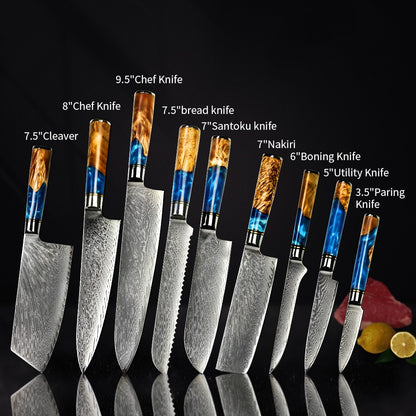 Conjunto de Facas de Cozinha Amber Hot selling 67 Camadas de Aço Damasco Lâmina Super Afiada Fio 10Cr15CoMoV com Cabo de Resina e Madeira